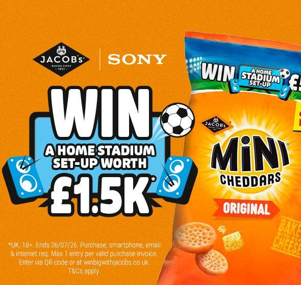 Score Big this World Cup: Every bag of Mini Cheddars gives you a chance to win a £1.5k Stadium-at-Home Treat!