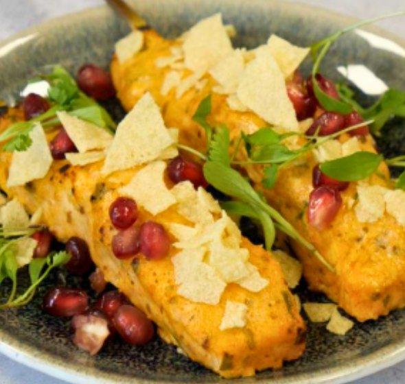Baked tikka salmon skewers