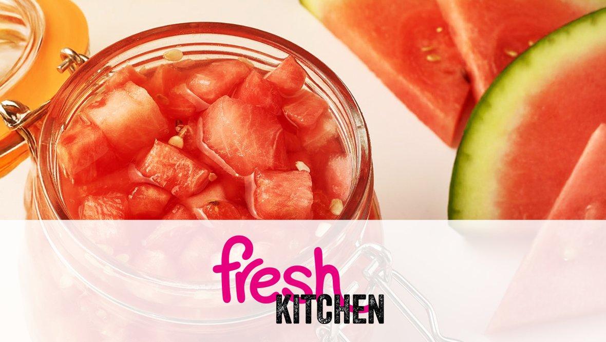 Watermelon in a jar with the Fresh Kitchen logo at the bottom.