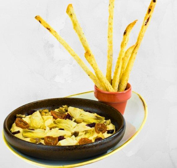 Houmous with baked ciabatta breadsticks