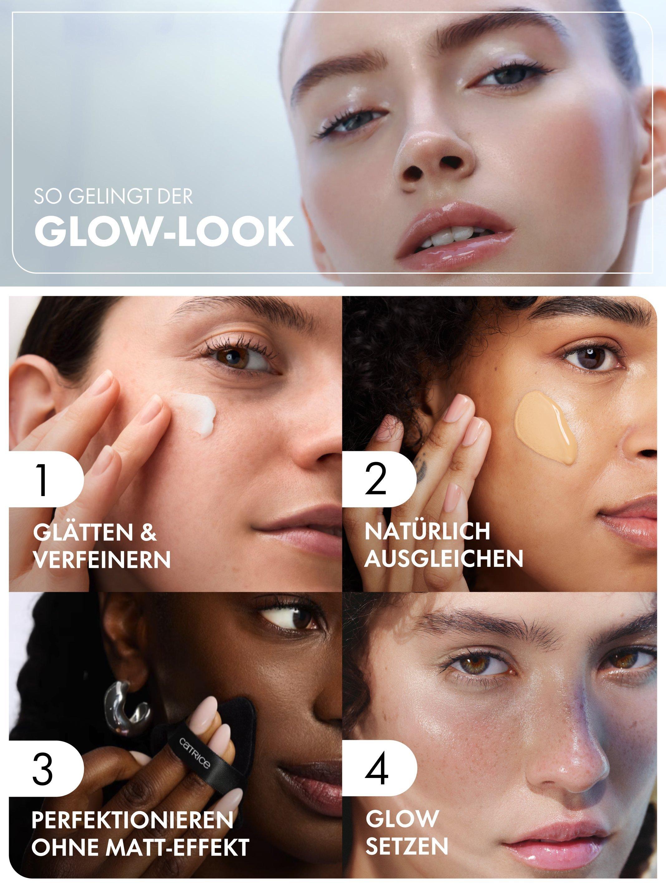 Collage mit vier Steps für den Glow-Look: 1 Glätten & Verfeinern, 2 Natürlich Ausgleichen, 3 Perfektionieren ohne Matt-Effekt, 4 Glow Setzen – jeweils mit Nahaufnahmen von Gesichtern beim Auftragen von Make-up