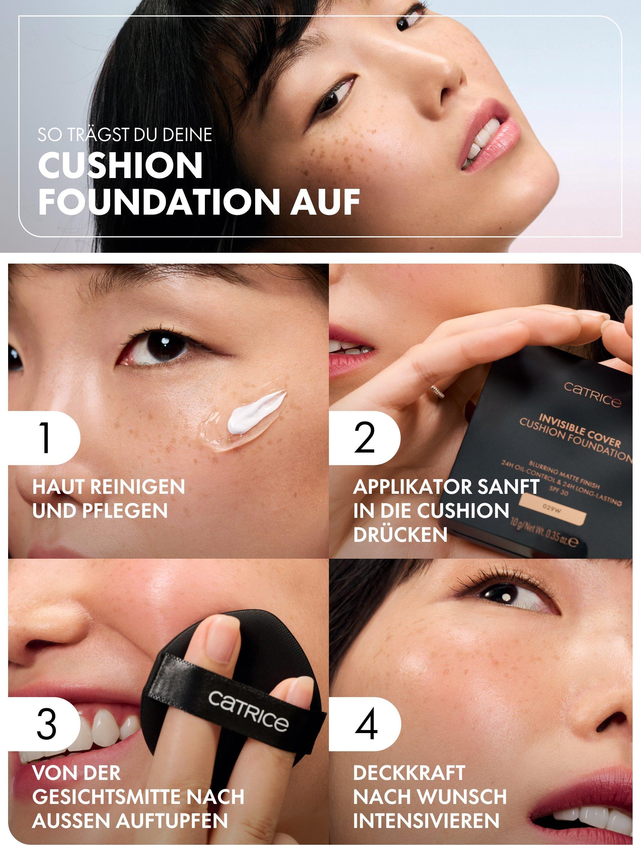 Schritt-für-Schritt-Anleitung zum Auftragen der Catrice Cushion Foundation: Haut vorbereiten, Applikator in die Cushion drücken, Foundation auftupfen und Deckkraft aufbauen.