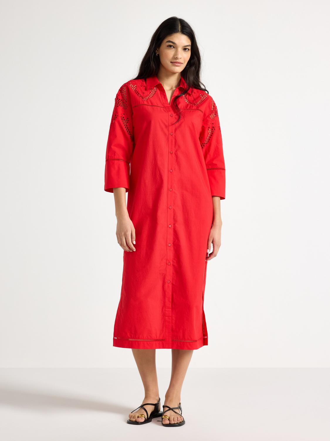 Midi skjortklänning med broderie anglaise