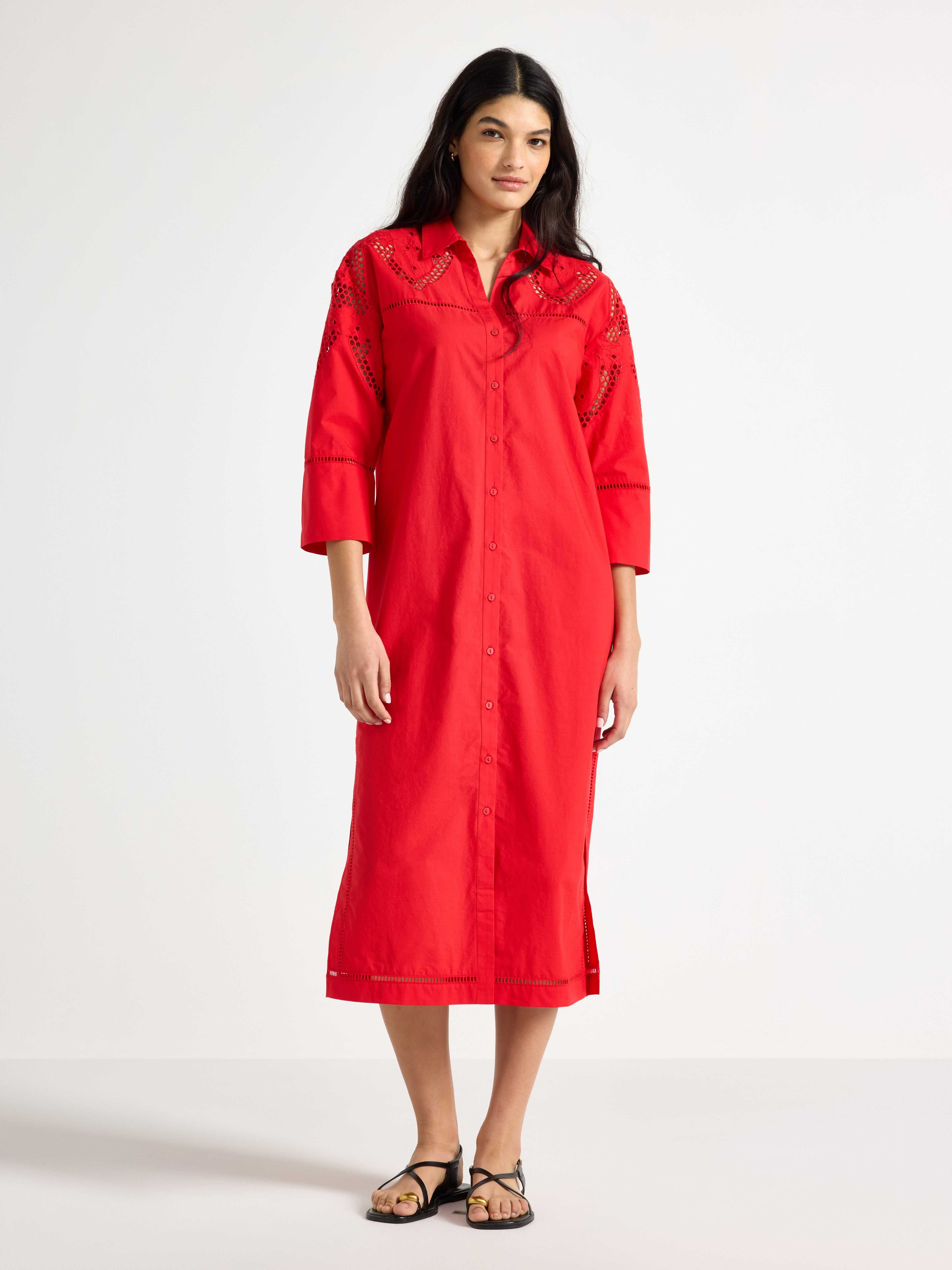 Midi skjortklänning med broderie anglaise