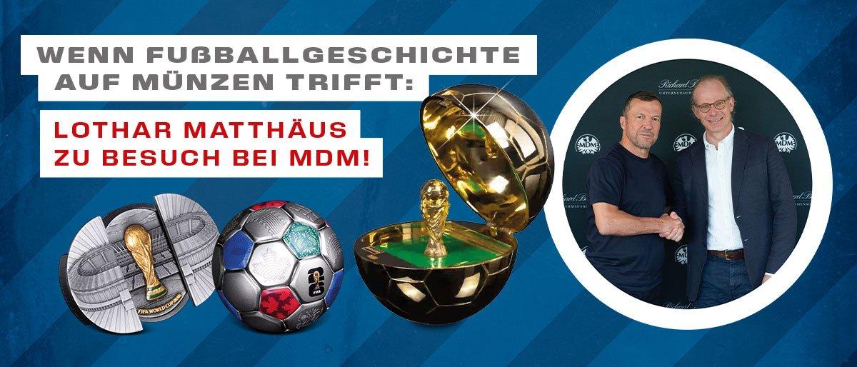 Lothar Matthäus zu Besuch bei MDM – Fußballmünzen und FIFA-WM-Sammlerstücke im Mittelpunkt.