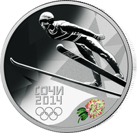 Darstellung eines Ski Springers auf einer Silber M&uuml;nze