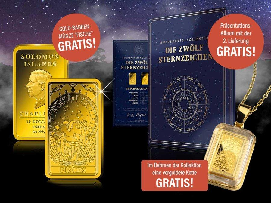 Goldbarren-M&uuml;nze "Fische", Sammelalbum und Kette - Gratis im Rahmen der Sammlung
