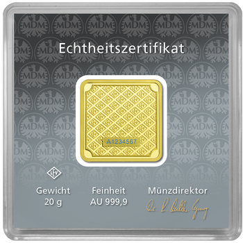 R&uuml;ckseite eines MDM-Quadratbarren aus 20 Gramm Gold (999/1000)