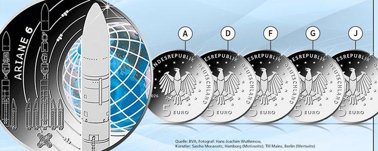 5-Euro-Gedenkmünze 2026 Ariane 6 mit Raketenmotiv und die verschiedenen Münzzeichen A, D, F, G, J