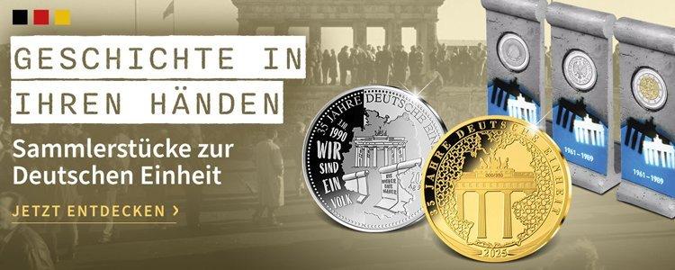 Sammlermünzen zur Deutschen Einheit mit Mauer-Design und Brandenburgertor