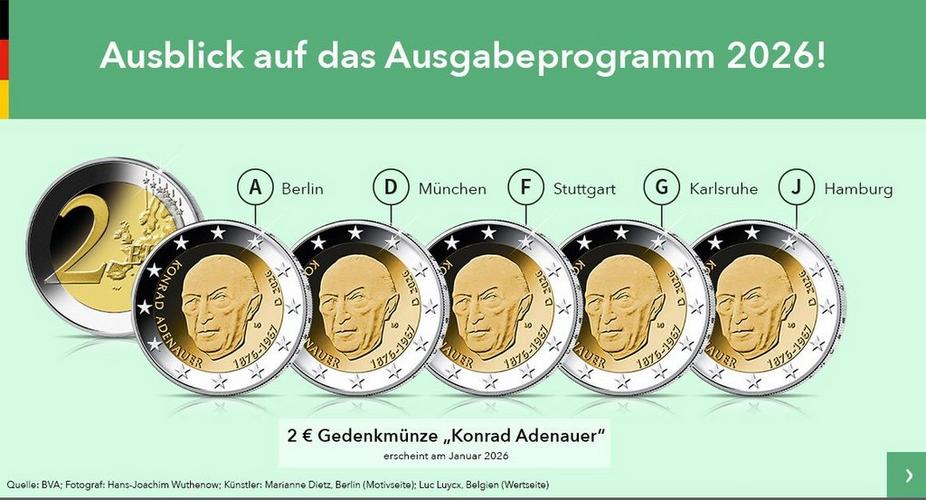 Ausblick auf das Ausgabeprogramm 2026: 2-Euro-Gedenkmünze Konrad Adenauer, mit Münzzeichen A (Berlin), D (München), F (Stuttgart), G (Karlsruhe) und J (Hamburg), Ausgabe Januar 2026.