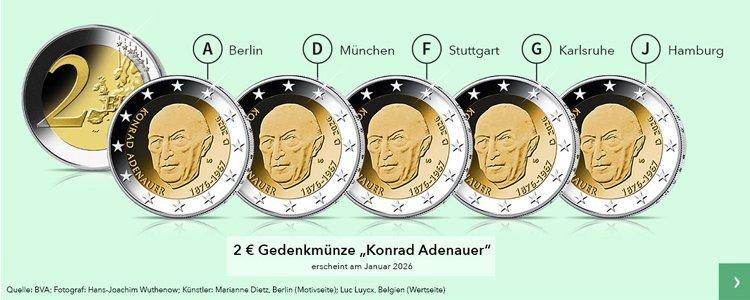 2-Euro-Gedenkmünze Konrad Adenauer, Ausgabe Januar 2026, mit Varianten der deutschen Münzstätten A, D, F, G und J.