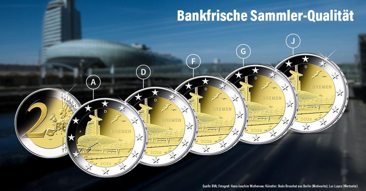 2-Euro-Gedenkmünzen Bremen 2026 in bankfrischer Sammlerqualität, komplett mit allen deutschen Prägestätten.
