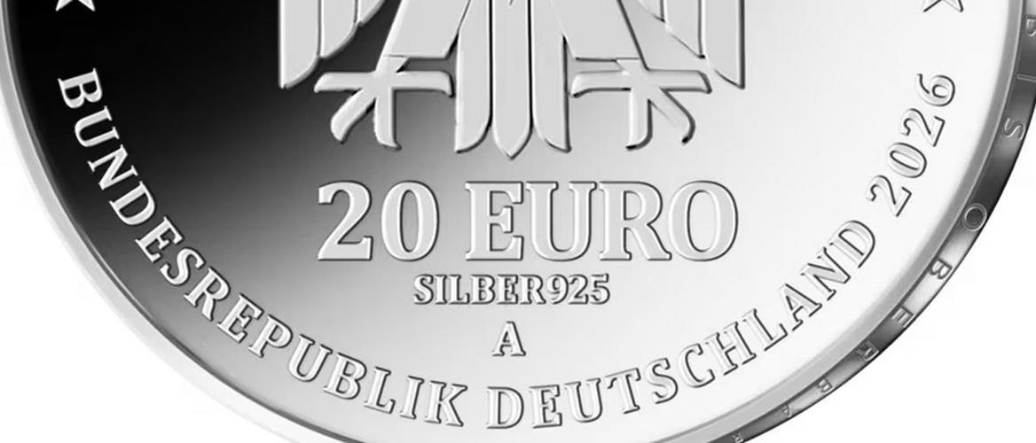 Detail einer deutschen 20-Euro-Silbermünze 2026 mit Prägung Silber 925