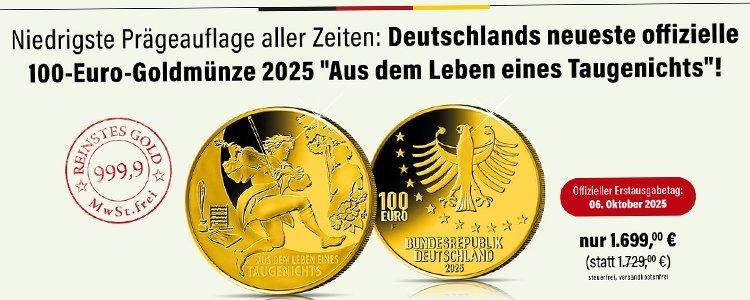 Die deutsche 100-Euro-Goldmünze 2025 "Aus dem Leben eines Taugenichts" aus der Serie "Meisterwerke der deutschen Literatur"
