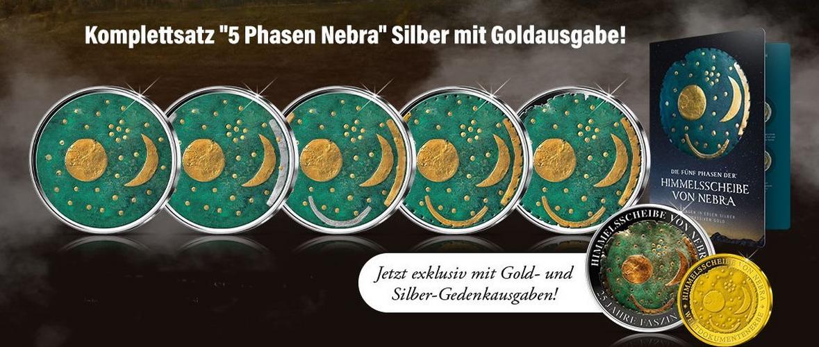 Komplettsatz 5 Phasen Nebra Silbermünzen mit Goldelementen und Gedenkausgaben