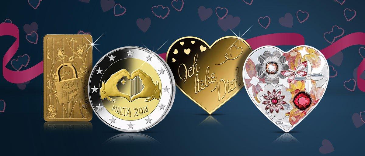 Valentinstag Highlights mit Valentinstag-Goldbarren, der 2-Euro-Münze Malta und Herzprägungen
