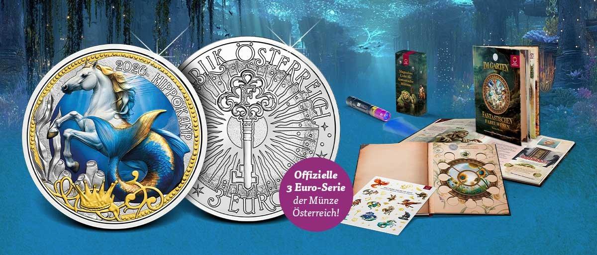3-Euro-Münze Österreich 2026 „Hippokamp“ mit Sammelset und Zubehör, offizielle österreichische Münzserie