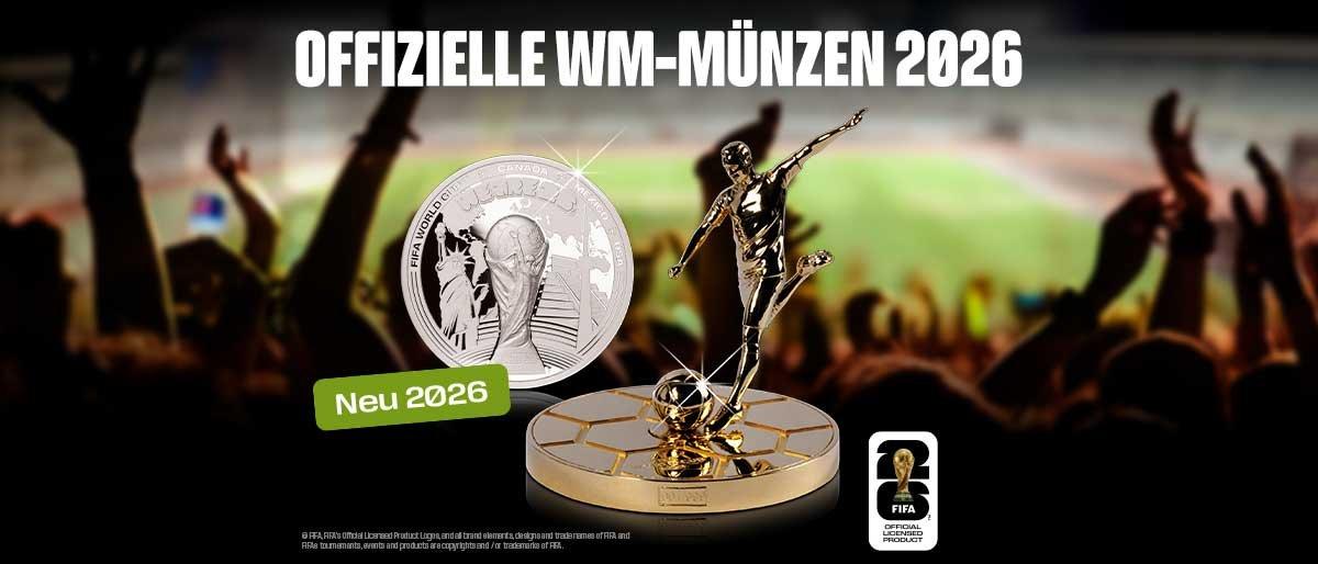 Offizielle WM-Münzen 2026: FIFA-Lizenzprodukt mit Silbermünze und goldfarbener Fußballfigur.