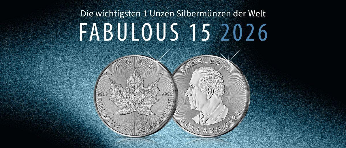 Fabulous 15 2026: Kanadischer Maple Leaf als Auftakt der Kollektion der wichtigsten 1-Unzen-Silbermünzen.