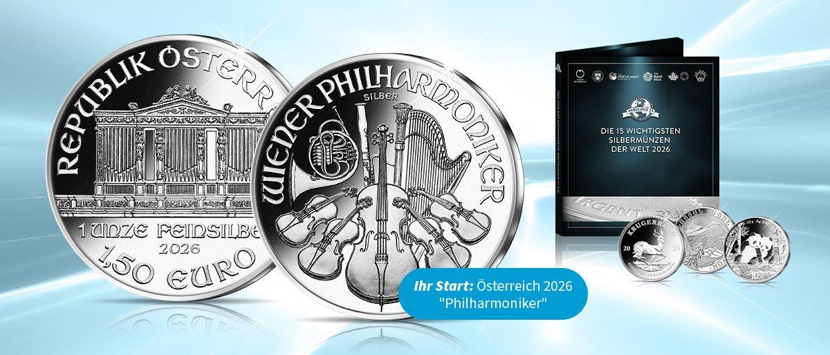 Silbermünze Österreich 2026 „Wiener Philharmoniker“ mit Sammelmappe der 15 wichtigsten Silbermünzen weltweit.