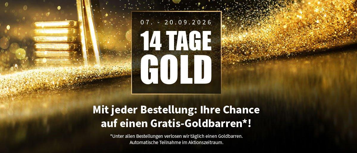 14 Tage Gold -  Mit jeder Bestellung: Ihre Chance auf einen Gratis-Goldbarren