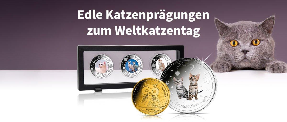Edle Katzenprägungen zum Weltkatzentag - Goldmünze Superkitty und Samtpfötchen Vorderseite
