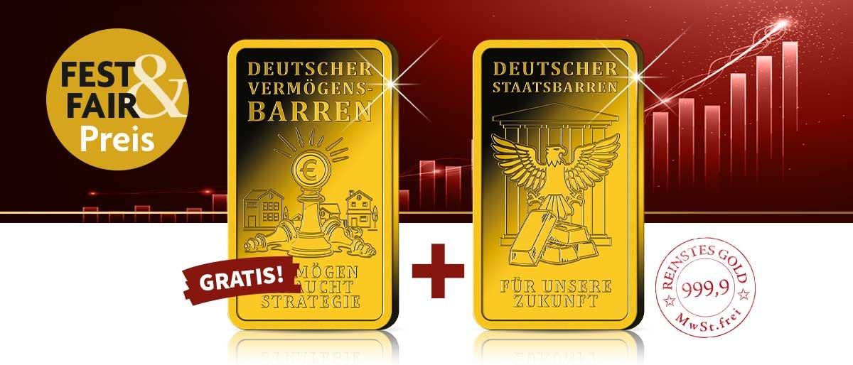 Deutscher Vermögensbarren und Staatsbarren aus Feingold 999,9 zum Fest- & Fair-Preis, ein Goldbarren gratis.