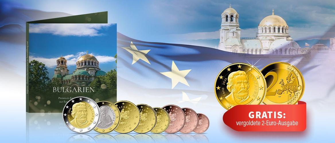 „Bulgarischer Euro-Kursmünzensatz mit Mappe und Gratis vergoldeter 2-Euro-Münze, vor EU-Flagge und Kathedrale präsentiert
