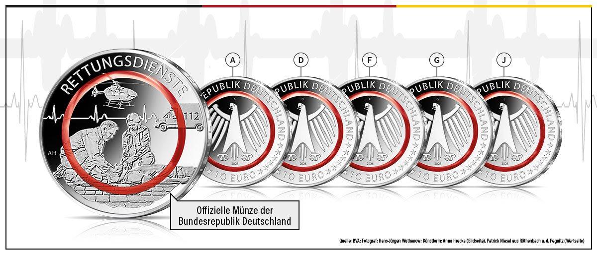10-Euro-Gedenkmünze „Rettungsdienste“ 2026 mit allen Prägebuchstaben der Bundesrepublik Deutschland in Sammlerqualität