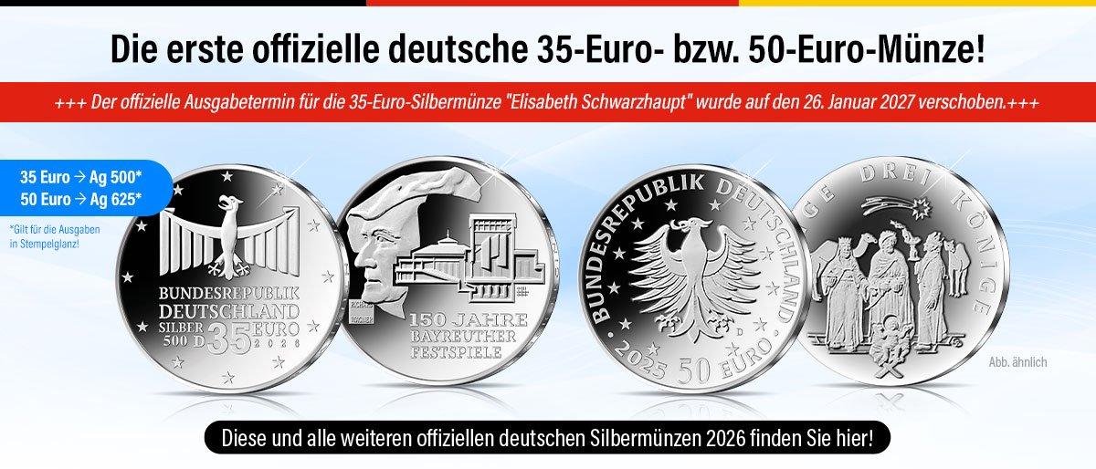 Deutsche Silbermünzen 2026: erste offizielle 35- und 50-Euro-Münzen mit Hinweis auf neuen Ausgabetermin.