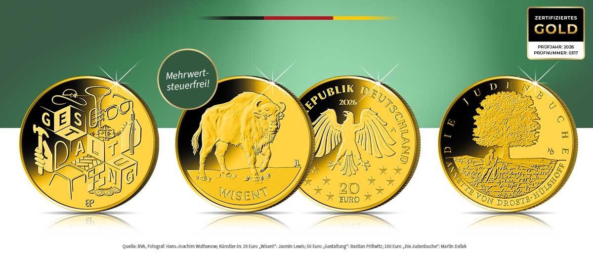 Deutsche Goldmünzen 2026: 20 Euro „Wisent“ und 100 Euro „Die Judenbuche“, zertifiziert & mehrwertsteuerfrei