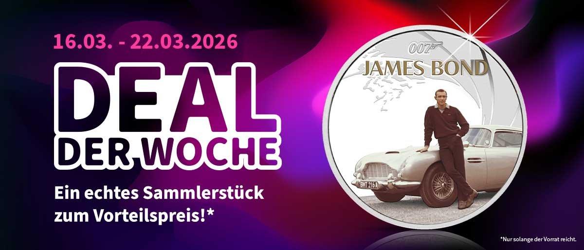 Deal der Woche 16.–22.03.2026: James Bond 007 Sammlermünze mit Aston Martin zum Vorteilspreis.