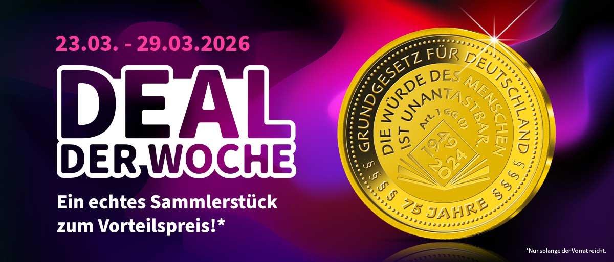 Deal der Woche mit Goldmünze „75 Jahre Grundgesetz“ auf pink-violettem Hintergrund, gültig vom 23.03. bis 29.03.2026.