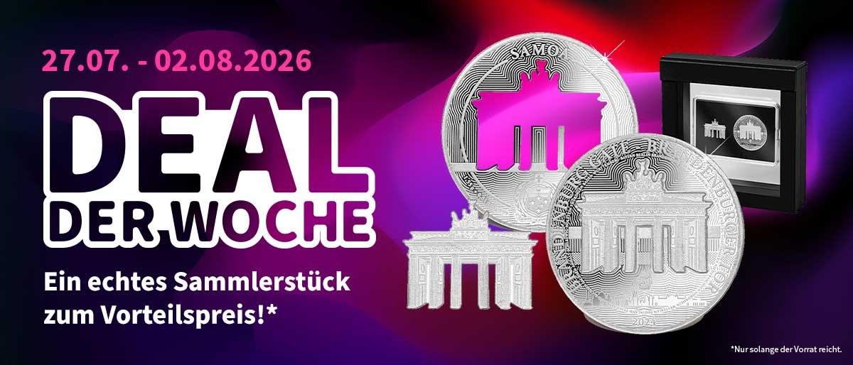 Deal der Woche: Brandenburger-Tor-Silberprägung im Etui zum Vorteilspreis vom 27.07.–02.08.2026.