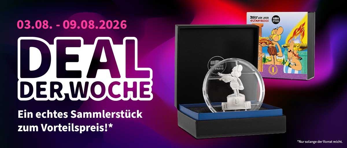 Deal der Woche - Ein echtes Sammlerstück zum Vorteilspreis - Silbermünze Asterix bei den Olympischen Spielen Vorderseite