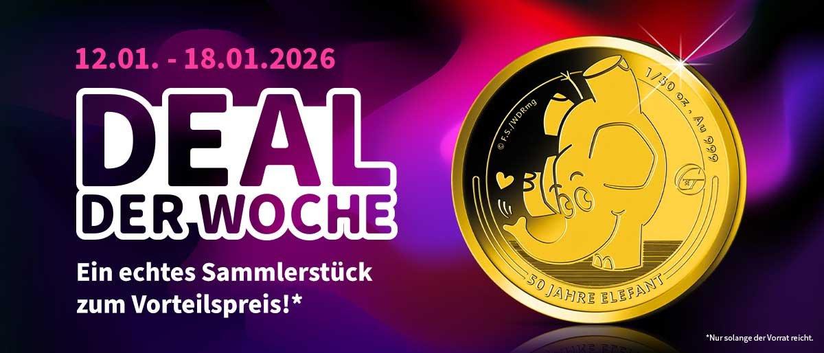 Deal der Woche vom 12.–18.01.2026 mit goldfarbener Elefanten-Gedenkmünze, echtes Sammlerstück zum Vorteilspreis