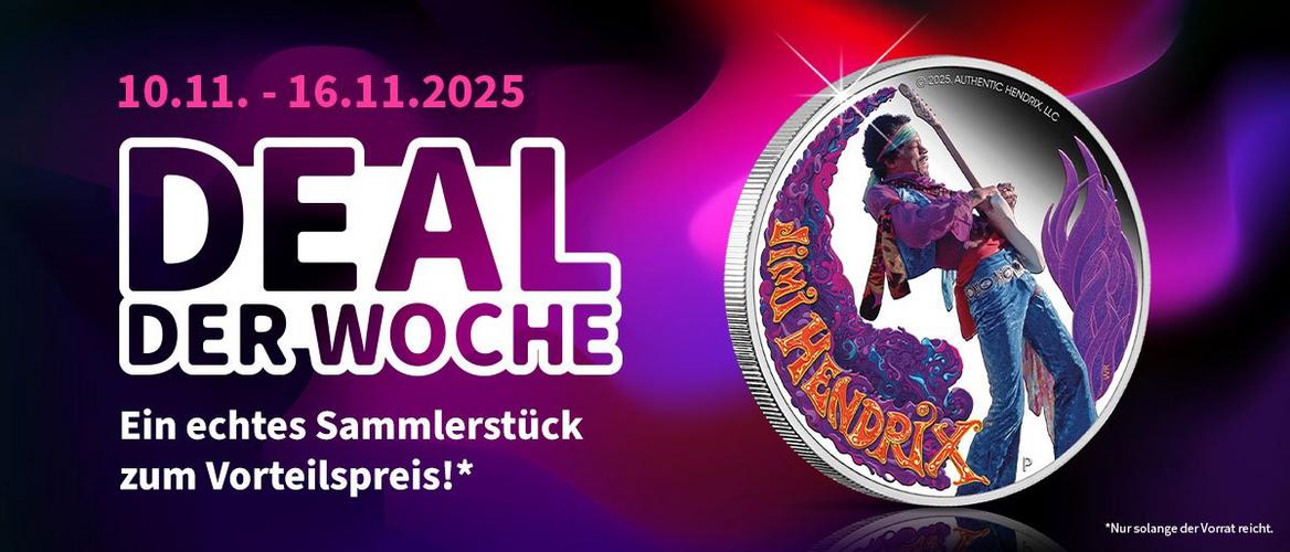 Deal der Woche vom 10. bis 16. November 2025: Farbige Sammlermünze mit Jimi Hendrix Motiv zum Sonderpreis.