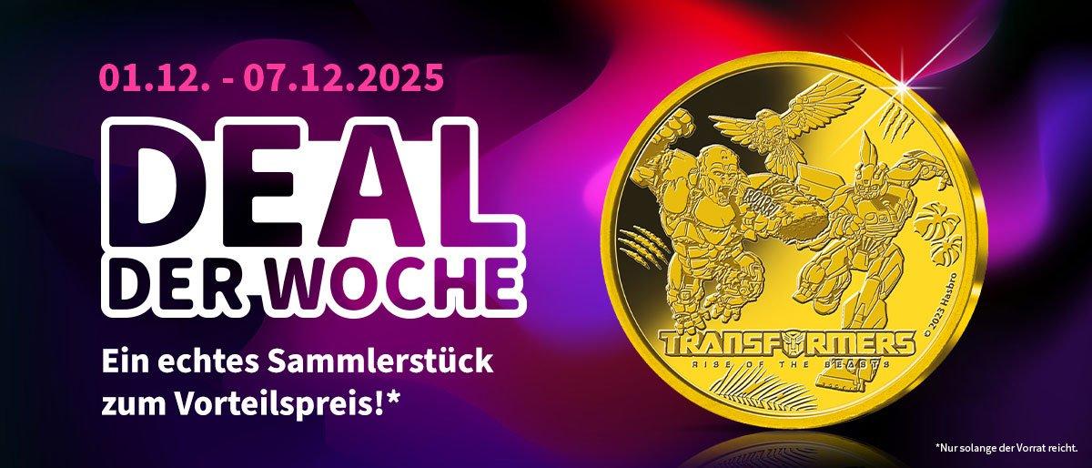 Goldfarbene Transformers-Gedenkmünze zum Deal der Woche vom 1.–7.12.2025 vor buntem Hintergrund