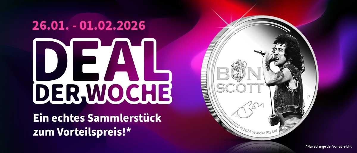 Deal der Woche vom 26.01.–01.02.2026 mit Sammlermünze Bon Scott als exklusives Vorteilspreis-Angebot.