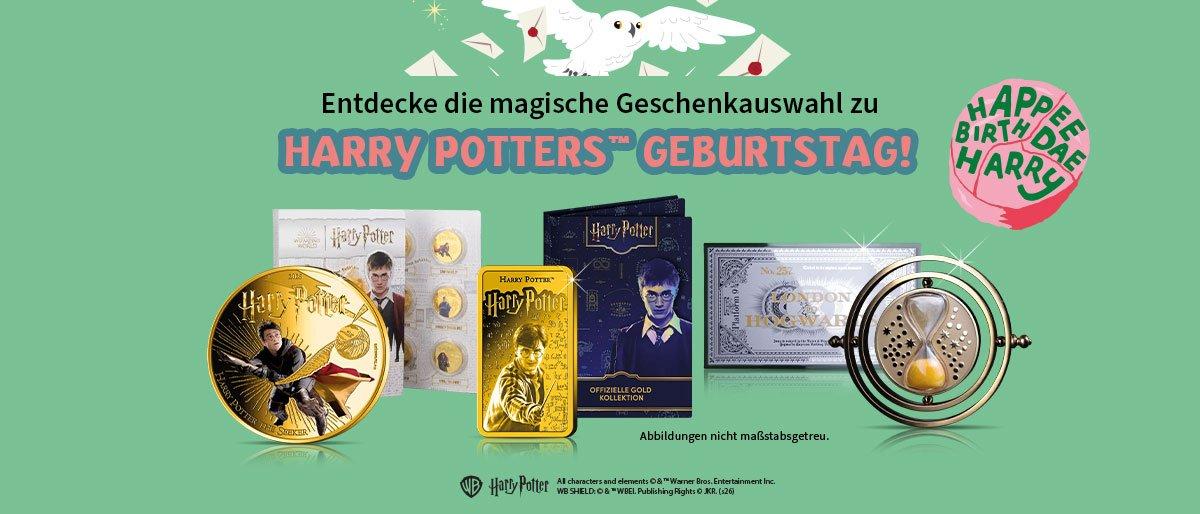 Geschenkideen zum Harry-Potter-Geburtstag mit Sammlermünzen, Goldbarren und offiziell lizenzierten Fanartikeln.