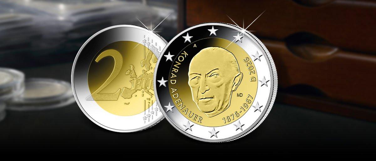 2-Euro-Gedenkmünze Konrad Adenauer 2025 mit Porträt und Europakarte, Vorder- und Rückseite im Detail