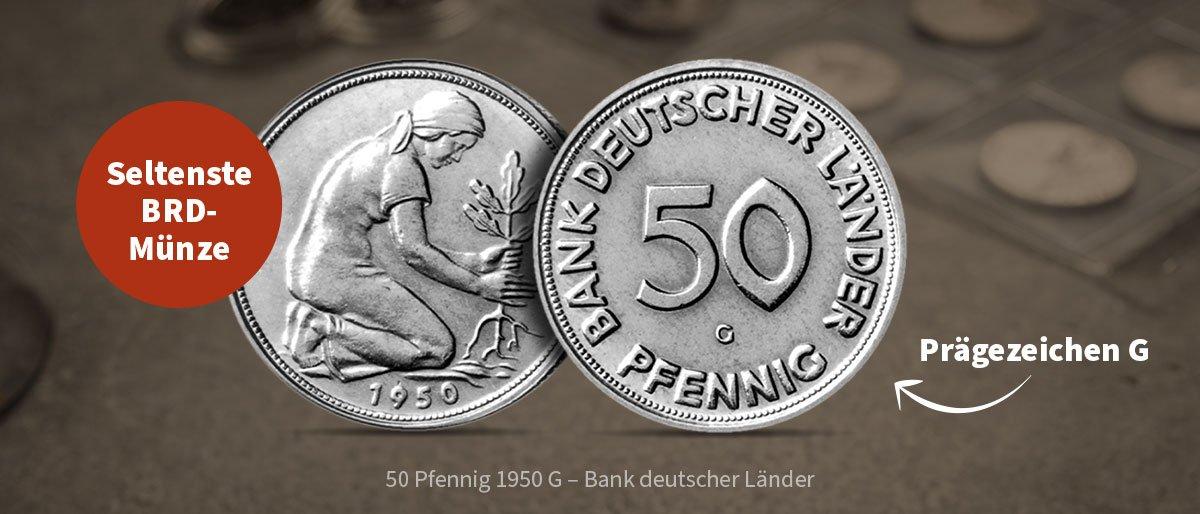 Seltene 50-Pfennig-Münze von 1950 mit Prägebuchstabe G, Vorder- und Rückseite groß dargestellt auf neutralem Hintergrund