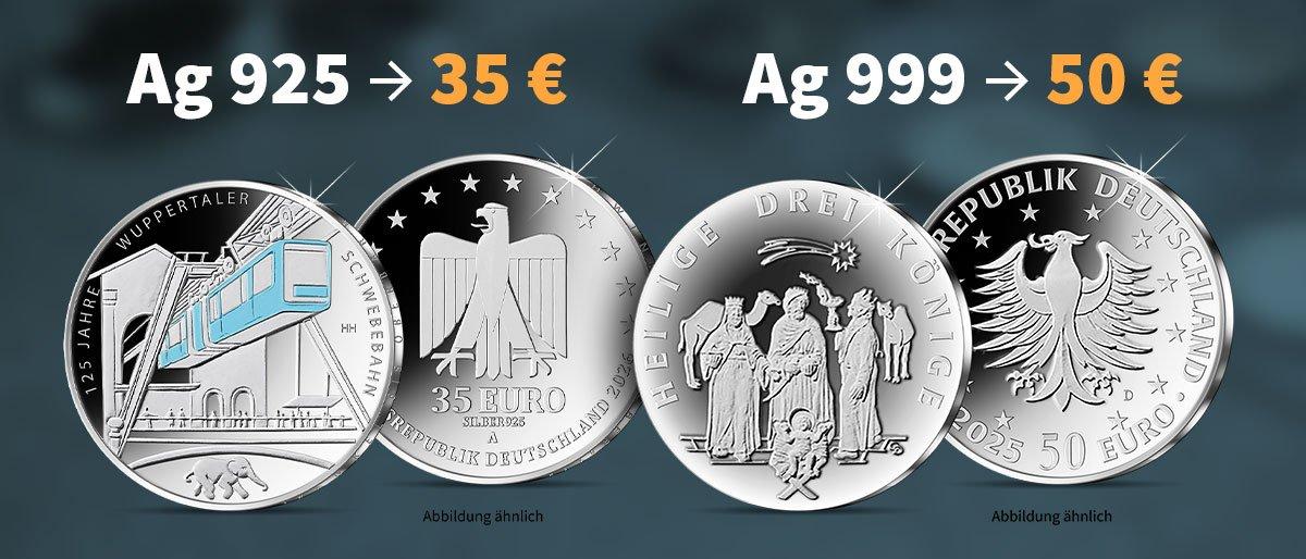 Nennwertanpassung bei deutschen Silber-Euro-Sammlermünzen - alle Infos zu 35- und 50-Euro-Münzen