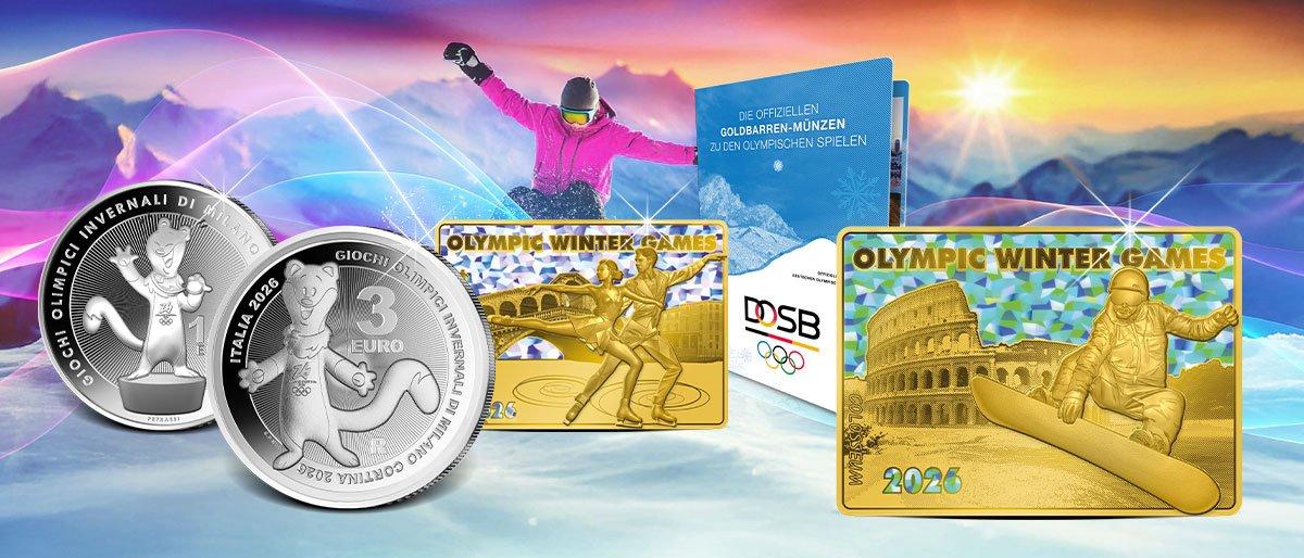 Goldbarren-Münzen zu den Olympischen Winterspielen 2026 mit Hologramm-Motiven und offizieller DOSB-Sammelmappe