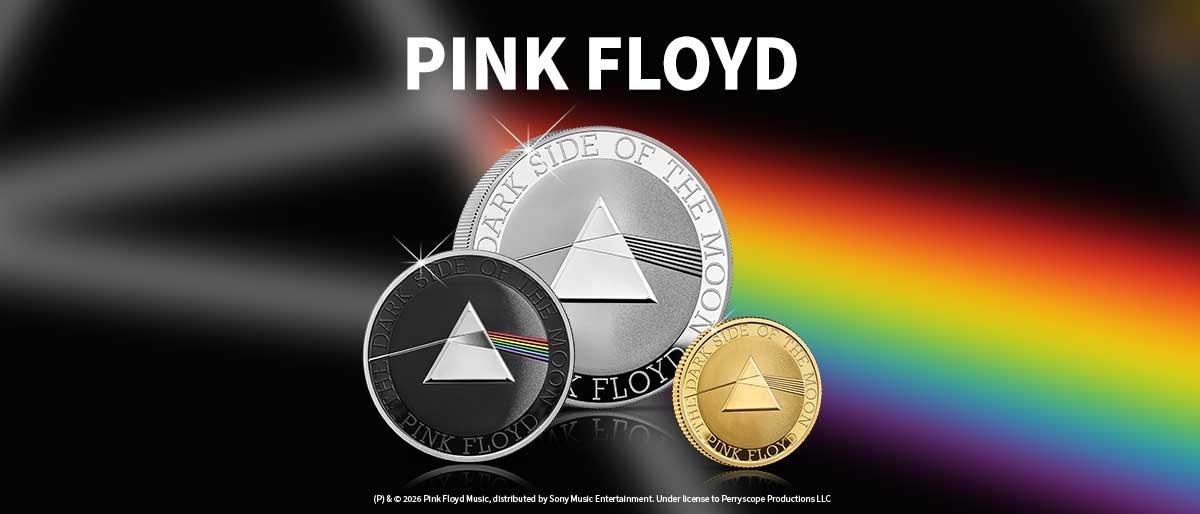 Pink-Floyd-Gedenkmünzen „Dark Side of the Moon“ in Gold und Silber mit Regenbogen-Prisma-Motiv