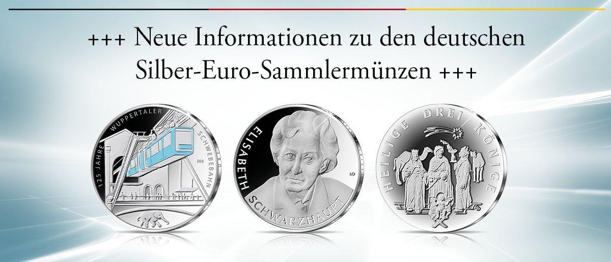 Deutsche Euro-Sammlermünzen aus Silber mit neuen technischen Spezifikationen, gezeigt an drei aktuellen Motiven.