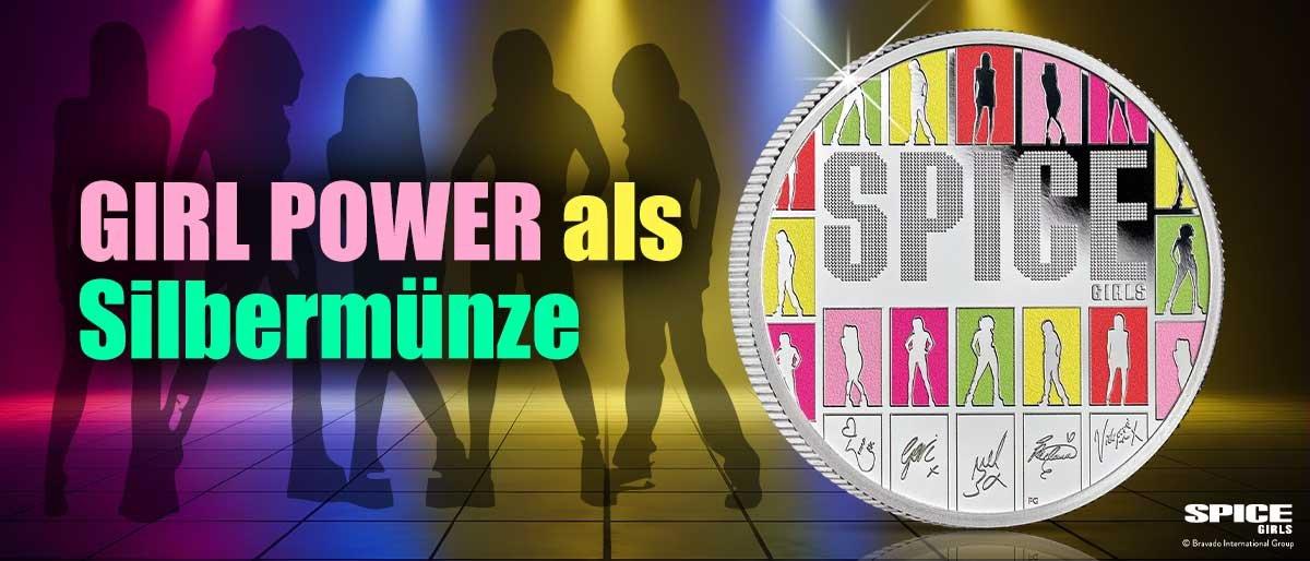 Spice Girls Silbermünze mit buntem Design und Signaturen – Girl Power als Sammlerstück.