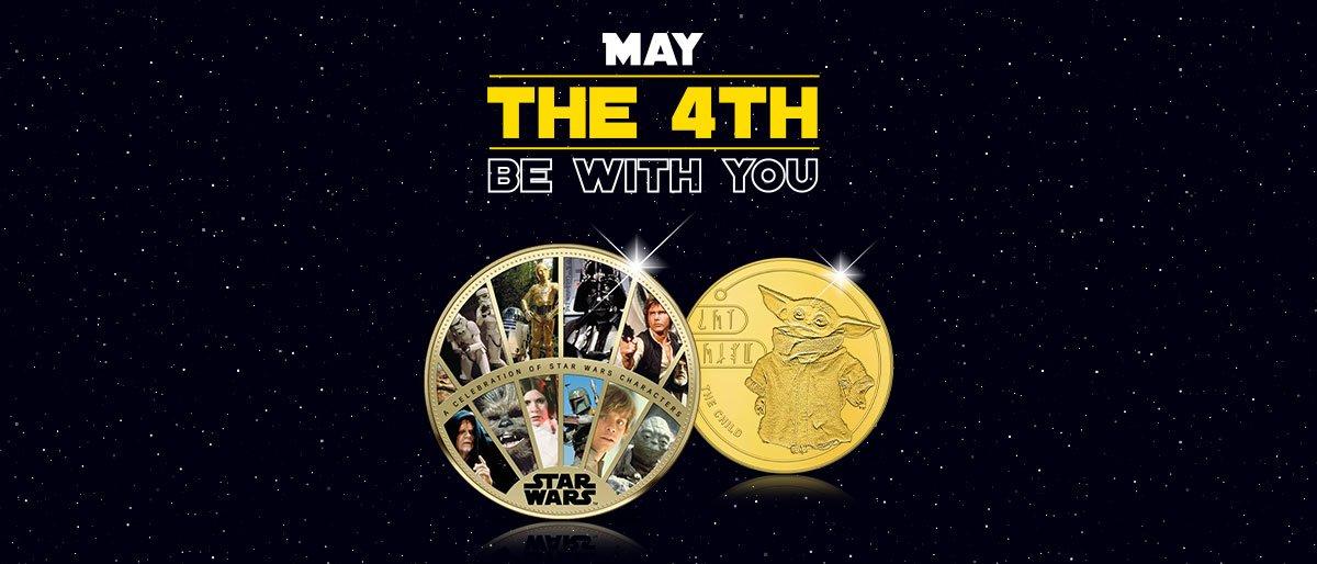 Star Wars Münzen mit „May the 4th be with you“ – Sammlermünzen mit Figuren wie Grogu vor Sternenhimmel