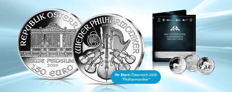 Silbermünze Österreich 2026 „Wiener Philharmoniker“ mit Sammelmappe der 15 wichtigsten Silbermünzen weltweit.